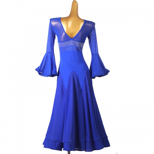 Royal blue rhinestones competition ballroom dance dress for women girls waltz tango foxtrot smooth dance long swing dresses
